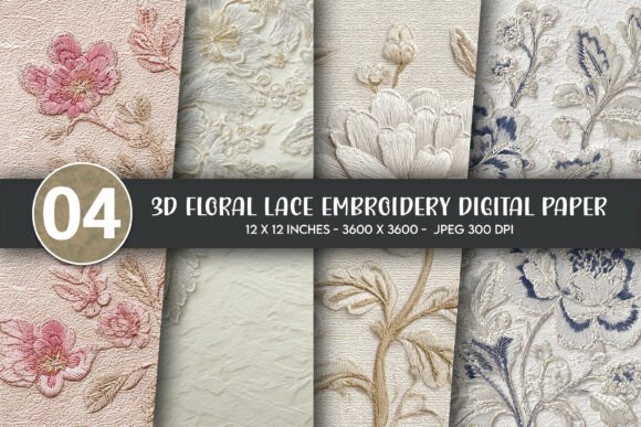 3D Floral Lace Embroidery Digital Paper