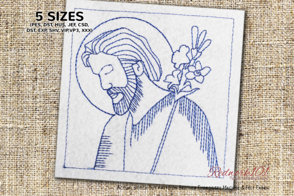 Christ Jesus with Flowers Redwork