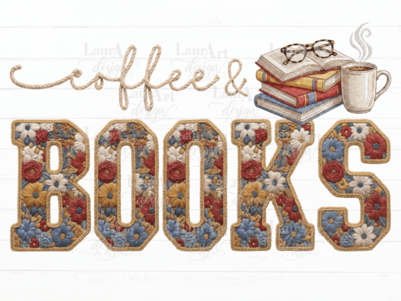 Coffee and Books Floral Embroidery PNG