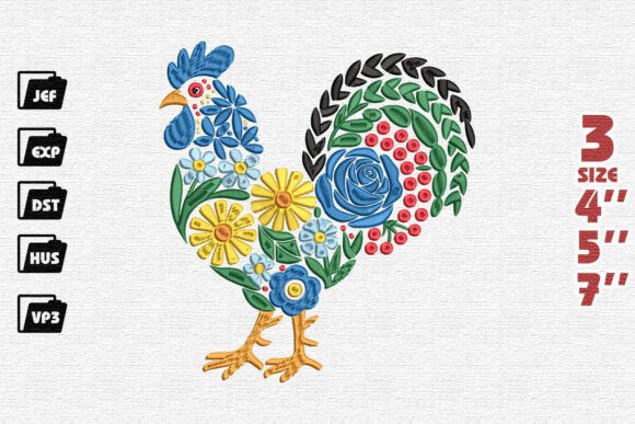 Colorful Folk Art Floral Rooster Embroidery Design