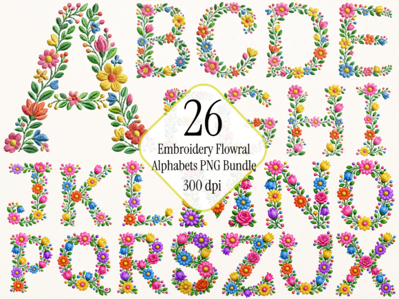 Floral Embroidery Alphabet PNG Bundle
