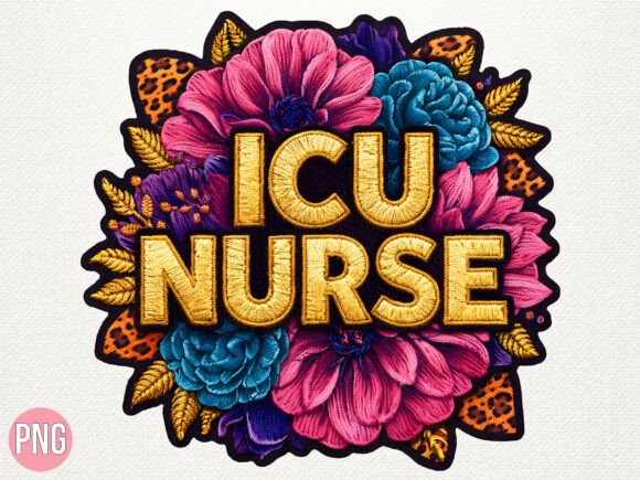 ICU Nurse Embroidery Floral Cheetah PNG