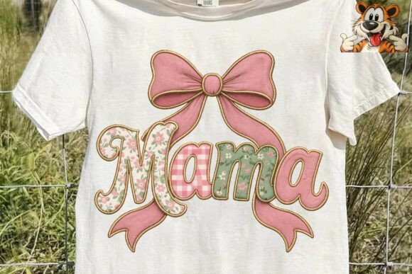 Mama Bow Floral Embroidery Style PNG