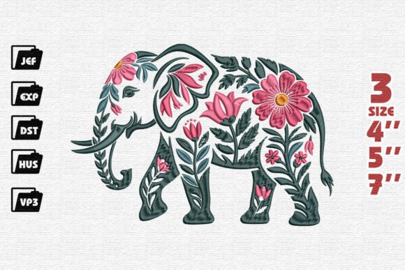 Ornate Floral Elephant Embroidery Design